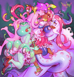 Rule 34 | 4girls, absurdres, antennae, ass, colored skin, dark-skinned female, dark skin, dress, green skin, highres, looking at another, maid, maid headdress, marina (omori), medusa (omori), molly (omori), multiple girls, omori, pink hair, pink skin, purple skin, sintastein, slippers, smile, sweetheart (omori), tentacle hair, tentacles, yuri