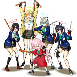 5girls :3 ahoge animal_ear_fluff animal_ears armband arms_up ayane_(blue_archive) black_footwear black_gloves black_hair black_socks blonde_hair blue_archive blue_eyes blue_jacket bo_staff breasts brown_footwear cat_ears cat_girl choufu_shimin closed_eyes closed_mouth commentary_request compression_sleeve cosplay domino_mask donatello_(tmnt) donatello_(tmnt)_(cosplay) dot_mouth dual_wielding facing_viewer fingerless_gloves foreclosure_task_force_(blue_archive) frown gloves green_armband green_necktie green_scarf grey_hair grey_skirt hair_bun hair_flaps halo holding holding_nunchaku holding_staff holding_sword holding_weapon hoshino_(blue_archive) jacket katana kneehighs lanyard large_breasts leonardo_(tmnt) leonardo_(tmnt)_(cosplay) long_hair long_pointy_ears long_sleeves mask master_splinter master_splinter_(cosplay) matching_outfits michelangelo_(tmnt) michelangelo_(tmnt)_(cosplay) miniskirt multiple_girls necktie nervous nonomi_(blue_archive) nunchaku open_clothes open_jacket open_mouth orange_eyes parody pink_hair plaid_clothes plaid_skirt pleated_skirt pointy_ears popped_collar raphael_(tmnt) raphael_(tmnt)_(cosplay) red_eyes red_gloves red_robe robe sai_(weapon) scarf school_uniform serika_(blue_archive) serious shiroko_(blue_archive) shoes short_hair simple_background single_side_bun skirt smile sneakers socks squatting staff standing sweater sword teenage_mutant_ninja_turtles twintails two-tone_gloves v-shaped_eyebrows weapon white_background white_socks yellow_jacket yellow_sweater
