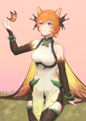 1girl alternate_costume animal_ears bare_shoulders black_thighhighs breasts bug butterfly cat_ears closed_mouth commentary cosplay covered_navel detached_sleeves english_commentary facial_mark fire_emblem fire_emblem:_path_of_radiance fire_emblem_heroes grass hair_between_eyes highres insect lesu lethe_(fire_emblem) looking_up medium_breasts nintendo orange_hair plant plumeria_(fire_emblem) plumeria_(fire_emblem)_(cosplay) purple_eyes short_hair sitting smile solo thighhighs twitter_username vines
