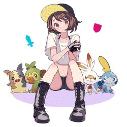 1girl alternate_costume baseball_cap black_gloves black_headwear boots brown_eyes brown_hair collarbone commentary eyelashes fingerless_gloves gen_8_pokemon gloria_(pokemon) gloves grookey hat head_tilt highres kana_(kanna_runa0620) looking_at_viewer morpeko morpeko_(full) navel nintendo parted_lips pokemon pokemon_(creature) pokemon_swsh scorbunny shirt short_hair short_shorts shorts sitting sobble starter_pokemon_trio symbol-only_commentary white_background white_shirt