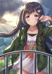 Rule 34 | 1girl, arm up, backpack, bag, blush, breast pocket, cat hair ornament, clothes writing, cloud, cloudy sky, collarbone, commentary request, crying, crying with eyes open, day, english text, female focus, floating hair, green jacket, hair ornament, hair ribbon, hairclip, jacket, karyl (princess connect!), karyl (real) (princess connect!), long hair, long sleeves, low twintails, multicolored hair, no pants, open clothes, open jacket, outdoors, parted lips, pocket, princess connect!, red ribbon, ribbon, shirt, sky, solo, streaked hair, streaming tears, tears, twintails, unbuttoned, very long hair, white hair, white shirt, yuririn poi