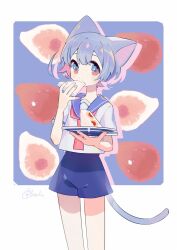 1girl animal_ears blue_eyes blue_hair cat_ears cat_girl cat_tail eating food fruit fruit_sandwich holding holding_food holding_plate multicolored_eyes necktie original pink_eyes plate sailor_collar sandwich short_hair short_sleeves shorts solo sorata123 strawberry strawberry_sandwich tail