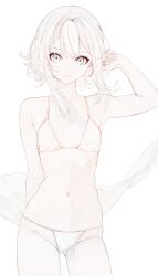 1girl absurdres arm_behind_back armpits bikini blue_eyes center-flap_bangs closed_mouth cowboy_shot double-parted_bangs eyeliner flat_chest floating_hair hair_intakes hand_up highres light_smile long_yue_(sskylarks) looking_at_viewer makeup navel original pale_color pale_skin red_eyeliner short_hair_with_long_locks simple_background solo stomach swimsuit tucking_hair white_background white_bikini white_hair