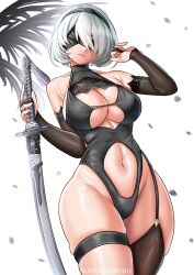 1girl 2b_(nier:automata) 2b_(yorha_unofficial_waterfront_gear)_(nikke) absurdres black_bridal_gauntlets black_hairband black_one-piece_swimsuit blindfold breasts bridal_gauntlets commentary curvy english_commentary garter_straps goddess_of_victory:_nikke hairband highleg highleg_one-piece_swimsuit highres holding holding_sword holding_weapon katou_shinobu large_breasts mole mole_under_mouth navel nier:automata nier_(series) official_alternate_costume one-piece_swimsuit shiny_skin short_hair skindentation solo standing swimsuit sword weapon white_hair wide_hips