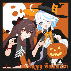 Rule 34 | 2girls, ahoge, black border, black nails, black shorts, blue eyes, blue hair, border, brown hair, commentary, flower-shaped pupils, furina (genshin impact), genshin impact, ghost, gradient hair, hair between eyes, hair ornament, hairclip, halloween, halloween bucket, halloween costume, happy halloween, hat, horns, hu tao (genshin impact), jewelry, leaning forward, long hair, looking at viewer, mismatched pupils, multicolored hair, multiple girls, multiple rings, nail polish, open mouth, orange background, orange nails, red eyes, red hair, ring, rj (lingshih10), shorts, symbol-only commentary, symbol-shaped pupils, tail, teeth, twitter username, upper teeth only, very long hair, white hair, witch hat