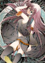 1girl bad_id bad_pixiv_id blue_eyes detached_sleeves female_focus long_hair looking_back lying megurine_luka moonsorrow pink_hair solo thighhighs traditional_media vocaloid
