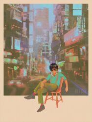 1boy black_hair border building chair city cityscape crossed_legs dkaism elbow_rest entrance looking_at_viewer muted_color on_chair outside_border road short_hair sign solo street sunglasses suspenders urameshi_yusuke white_border wooden_chair yuu_yuu_hakusho