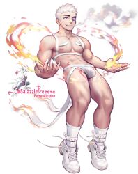 1boy abs absurdres alternate_color ankle_belt artist_name bara bare_pectorals breezem18 bulge chest_strap commentary english_commentary fingernails fire full_body game_freak gen_7_pokemon genderswap genderswap_(ftm) highres jockstrap long_fingernails male_focus male_underwear mismatched_eyebrows navel nintendo nipples paid_reward_available pectorals personification pokemon reference_inset salazzle shiny_pokemon short_hair simple_background socks solo thighs toned toned_male underwear untied_shoelaces white_background white_footwear white_hair white_socks