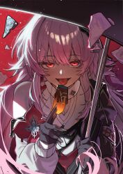 Rule 34 | 1girl, absurdres, bare shoulders, black gloves, broken glass, curryman (curryman06), dress, evernight (honkai: star rail), flower, glass, gloves, glowing, glowing eyes, hair between eyes, hair ornament, highres, holding, holding umbrella, honkai: star rail, honkai (series), long hair, pink hair, reflection, smile, solo, tongue, tongue out, umbrella, upper body