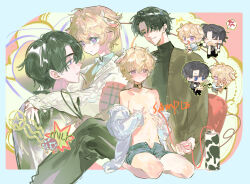 Rule 34 | 2boys, animal ears, black hair, blonde hair, blush, chibi, chibi inset, choker, collar, cow ears, cow horns, denim, denim shorts, green eyes, hair between eyes, highres, horns, looking at another, multiple boys, multiple views, navel, open clothes, original, pants, parted bangs, purple eyes, qyzhiaiyisheng, sample watermark, shirt, short hair, shorts, sitting, sweater, wariza, watermark, yaoi