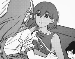 Rule 34 | 1girl, 2boys, aubrey (faraway) (omori), aubrey (omori), bailan1130, bright pupils, clothes grab, collar grab, double-parted bangs, greyscale, hairband, highres, jacket, kel (faraway) (omori), kel (omori), long hair, looking at another, monochrome, multiple boys, neckwear grab, omori, open mouth, parted lips, short hair, short sleeves, sunny (omori), sweatdrop