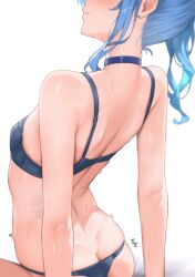 1girl absurdres arched_back armpit_crease ass back bare_arms blue_bra blue_choker blue_hair blue_panties bra butt_crack choker closed_mouth diptip flat_chest from_behind head_out_of_frame highres hololive hoshimachi_suisei panties shoulder_blades side_ponytail simple_background sitting solo sweat underwear underwear_only virtual_youtuber wavy_hair wavy_mouth white_background