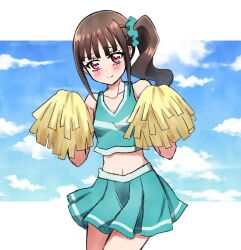Rule 34 | 1girl, aqua skirt, aqua tank top, bare arms, blue scrunchie, blue sky, blunt bangs, blush, brown hair, closed mouth, cloud, cowboy shot, crop top, hair ornament, hair scrunchie, hakuchuu, highres, long hair, looking at viewer, midriff, miniskirt, navel, nekoyashiki mayu, pleated skirt, pom pom (cheerleading), precure, red eyes, scrunchie, side ponytail, sketch, skirt, sky, solo, standing, stomach, tank top, white trim, wonderful precure!