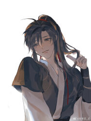 1boy ahoge bishounen black_hair black_hanfu blush chinese_clothes chinese_commentary grey_eyes hair_ribbon hand_up hanfu head_tilt highres holding holding_own_hair long_hair long_sleeves looking_to_the_side male_focus modao_zushi parted_lips playing_with_own_hair ponytail red_ribbon ribbon robe shenzhang10011 sidelocks simple_background smile solo upper_body watermark wei_wuxian weibo_watermark white_background