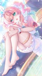 1girl absurdres alternate_costume aqua_eyes aqua_hair barefoot commentary_request cutescookie dress feet highres honkai:_star_rail honkai_(series) hyacine_(honkai:_star_rail) medium_hair multicolored_hair open_mouth scrunchie smile solo thigh_strap thighs toes twintails two-tone_hair white_dress wrist_scrunchie