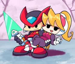 1boy 1girl ass black_eyes blonde_hair carrying ciel_(mega_man) clenched_hand commentary english_commentary friday_night_funkin&#039; helmet highres holding holding_sword holding_weapon inchduhernz long_hair mega_man_(series) mega_man_zero_(series) parody smile style_parody sword weapon z_saber zero(z)_(mega_man) zero_(mega_man)