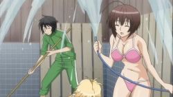 1boy 3girls animated anime_screenshot audible_speech bikini black_bikini black_eyes blonde_hair blue_eyes bouncing_breasts breasts brown_hair child cleaning cleavage closed_eyes english_audio green_jacket hose huge_breasts jacket jumping kusano multiple_girls musubi orange_hair pants pink_bikini sahashi_minato school_swimsuit sekirei small_breasts smile sound splashing swimsuit tagme tsukiumi video water