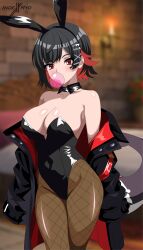 Rule 34 | 1girl, absurdres, bare shoulders, black hair, black jacket, black leotard, blurry, blurry background, blush, breasts, chewing gum, colored inner hair, covered navel, detached collar, ellen joe, fins, fish tail, fishnet pantyhose, fishnets, highres, indexryo, indoors, jacket, jacket partially removed, large breasts, leotard, looking at viewer, mole, mole under eye, multicolored hair, off shoulder, pantyhose, playboy bunny, red eyes, red hair, shark girl, shark tail, short hair, solo, strapless, strapless leotard, tail, zenless zone zero
