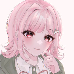 1girl black_shirt blush brown_jacket collared_shirt danganronpa_(series) danganronpa_3_(anime) flipped_hair hand_up highres hood hood_down jacket medium_hair nanami_chiaki o_soba_(soba3ly) pink_eyes pink_hair shirt simple_background solo two-tone_shirt white_shirt