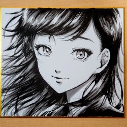 Rule 34 | 1girl, calligraphy brush (medium), closed mouth, commentary request, eyelashes, floating hair, greyscale, light smile, long hair, looking at viewer, makomako1061, monochrome, original, parted bangs, photo (medium), portrait, shikishi, solo, swept bangs, traditional media
