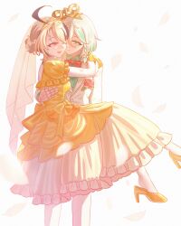 2girls absurdres ahoge arms_around_neck blue_shirt bow bowtie brown_hair carrying cecilia_immergreen closed_mouth commentary doll_joints dress falling_petals formal_clothes gigi_murin gloves green_hair high_heels highres hololive hololive_english joints multicolored_hair multiple_girls one_eye_closed open_mouth orange_dress orange_gloves orange_shoes petals pink_bow pink_bowtie pink_eyes princess_carry seekorplatypus shirt shoes simple_background smile streaked_hair suit symbol-only_commentary veil virtual_youtuber wedding_dress white_background white_hair white_suit wife_and_wife winding_key yuri
