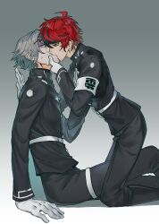 2boys absurdres ahoge aotsuki_eito armband black_hair black_pants black_shirt blue_eyes french_kiss gloves grey_background grey_hair hair_between_eyes highres kiss kneeling last_defense_academy_school_uniform male_focus messy_hair multicolored_eyes multicolored_hair multiple_boys pants red_eyes red_hair shirt simple_background sitting streaked_hair sumino_takumi the_hundred_line_-last_defense_academy- white_gloves