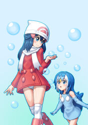 2girls :o beanie blue_background blue_dress blue_eyes blue_gloves blue_hair boots bubble closed_mouth coat commentary_request dawn_(pokemon) dress elbow_gloves els_(ljhlee12) eyelashes gen_4_pokemon gloves hat highres korean_commentary long_hair looking_down multiple_girls nintendo over-kneehighs panties pantyshot personification pink_boots piplup pokemon pokemon_dppt pokemon_platinum red_coat scarf smile thighhighs underwear white_hat white_panties white_scarf