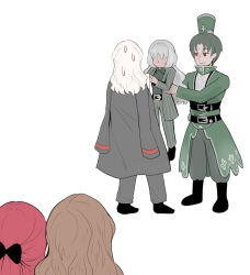 2boys 3girls alternate_universe belt black_boots black_coat black_shirt black_shoes boots bow brown_hair catherine_(project_moon) coat cosplay costume_switch dress green_dress grey_hair grey_jacket grey_pants hair_bow highres jacket la_manchaland&#039;s_don_quixote_(project_moon) lifting_person limbus_company long_hair multiple_boys multiple_girls pants project_moon red_eyes red_hair ryum11 shirt shoes short_hair simple_background striped_clothes striped_jacket striped_pants sweatdrop tall_hat vergilius_(project_moon) white_background yuri_(project_moon)