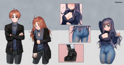 Rule 34 | 1boy, 1girl, ahoge, ass, black boots, black hair, black jacket, black pants, blue eyes, blue sweater, blush, boots, breasts, brown eyes, brown hair, chadtow, cleavage, cleavage cutout, clothing cutout, commentary, crossed arms, denim, embarrassed, english commentary, genderswap, genderswap (mtf), highres, jacket, jeans, large breasts, long hair, original, pants, sequential, smile, sweater, transformation, transforming clothes, turtleneck, turtleneck sweater