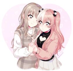 2girls blush bow brown_eyes brown_hair bulkobon clothing_cutout cropped_jacket d4dj hair_between_eyes hair_bow heart heart_cutout heart_necklace highres holding_hands jacket jewelry long_hair long_sleeves looking_at_another multicolored_hair multiple_girls necklace one_eye_closed open_clothes open_jacket parted_lips pink_hair pink_jacket plaid_clothes plaid_skirt plaid_vest pleated_skirt shinomiya_kokoa shirt sidelocks skirt sweater_vest swept_bangs tendo_hayate turtleneck two-tone_hair two_side_up vest white_hair white_shirt white_skirt yuri