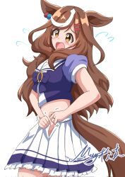 1girl @_@ aged_up alternate_hair_length alternate_hairstyle animal_ears blush breasts collarbone commentary_request hair_between_eyes hair_ornament highres horse_ears horse_girl horse_tail jewelry long_hair looking_at_viewer matikane_tannhauser_(umamusume) matty_(matsutomo) ring school_uniform signature solo tail tracen_school_uniform umamusume wedding_ring