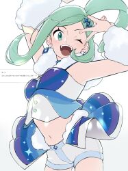 1girl ;d arm_up arm_warmers armpit_peek buttons commentary_request cowboy_shot green_eyes green_hair hair_ornament happy highres lisia_(pokemon) mocollie navel nintendo one_eye_closed open_mouth pokemon pokemon_oras ponytail request_inset short_shorts shorts sidelocks smile solo teeth tongue vest white_arm_warmers white_background