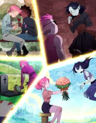 absurdres adventure_time adventure_time:_fionna_and_cake black_hair bouquet colored_skin couple dress eyepatch floating flower gary_prince_(adventure_time) grave grey_skin highres holding holding_bouquet looking_at_another marceline_abadeer marshall_lee multiple_persona omy-chan peppermint_butler pink_hair pointy_ears princess_bonnibel_bubblegum short_hair sitting skirt smile vampire yaoi yuri