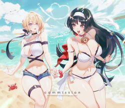 2girls arm_strap astra_yao beach bikini black_choker black_hair blonde_hair blue_shorts blush breasts chest_harness choker cleavage day earrings evelyn_chevalier hairband harness holding_hands jewelry large_breasts multiple_girls navel necklace open_mouth outdoors pearl_necklace sand short_shorts shorts smile sumustard swimsuit thigh_beads uneven_bangs white_bikini white_hairband zenless_zone_zero