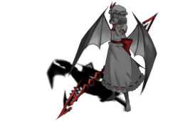 Rule 34 | 1girl, absurdres, barefoot, bat wings, blood, blood on face, bow, frilled hat, frills, hat, hat ribbon, highres, holding, holding polearm, holding weapon, polearm, red bow, red eyes, red ribbon, remilia scarlet, ribbon, shirt, short hair, simple background, skirt, solo, spear the gungnir, standing, touhou, variant set, waist bow, weapon, white background, wings, wiping blood, wiping face