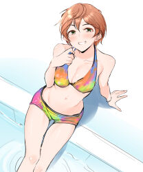 1girl arm_support bikini blush breasts cleavage feet_out_of_frame grin highres idolmaster idolmaster_cinderella_girls looking_at_viewer medium_breasts multicolored_bikini navel orange_hair pool poolside shirota_mizuki short_hair smile soaking_feet solo swimsuit yoshioka_saki