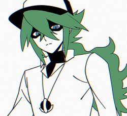 1boy baseball_cap black_undershirt blue_eyes closed_mouth collared_shirt green_hair hair_between_eyes hat jewelry long_hair looking_at_viewer male_focus n_(pokemon) necklace nintendo partially_colored partially_shaded_face pokemon pokemon_bw ponytail shirt simple_background solo upper_body white_background white_shirt zero_(sleepy_meltan)