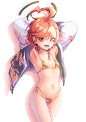 1girl :d absurdres ahoge armpits arms_behind_head arms_up bikini blue_archive blush braid cowboy_shot gold_bikini halo highres jacket long_sleeves looking_at_viewer lying micro_bikini mole mole_under_eye navel neru_(blue_archive) open_clothes open_jacket open_mouth orange_hair ruta short_hair simple_background single_braid smile solo stomach string_bikini swimsuit wings