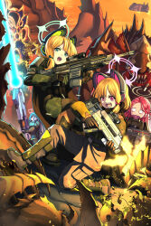 Rule 34 | 4girls, alien, animal ear headphones, animal ears, aris (blue archive), armor, black hair, blonde hair, blue archive, bug, cape, cat ear headphones, dropship, fake animal ears, game development department (blue archive), giant, giant insect, giant monster, gloves, green eyes, green halo, gun, hair between eyes, halo, headphones, helldivers (series), helmet, highres, holding, holding gun, holding weapon, long hair between eyes, midori (blue archive), momoi (blue archive), monster, multiple girls, open mouth, red hair, rifle, short hair, siblings, sisters, substance20, terminid (helldivers), twins, weapon, yuzu (blue archive)