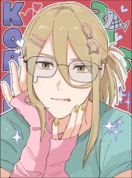 1boy :q blonde_hair glasses gold_nails green_shirt hair_ornament hairclip idolmaster idolmaster_side-m koron_chris long_hair looking_at_viewer male_focus outline pink_arm_warmers portrait red_background shirt short_sleeves solo teardrop-framed_glasses tongue tongue_out white_outline yellow_eyes zbzb_sea