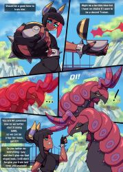 1boy absurdres andre_(cuchuflin) angry arachnid_humanoid choker cuchuflin dark-skinned_male dark_skin dialogue_box fishnets gen_5_pokemon gloves hair_bun highres nintendo original poke_ball pokemon scolipede