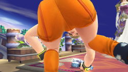 1girl 3d ass ass_focus bent_over blonde_hair blue_eyes breasts highres hip_focus huge_ass metroid nintendo samus_aran screencap shorts super_smash_bros. wide_hips