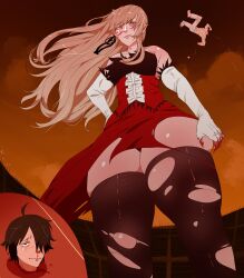 1boy 1girl absurdres ahoge araragi_koyomi bare_shoulders black_eyes black_hair black_panties black_ribbon black_thighhighs blonde_hair blood blood_on_gloves blush breasts collarbone decapitation dress elbow_gloves feather-trimmed_dress feather-trimmed_gloves feather_trim frilled_dress frills gloves hair_over_one_eye hair_ribbon highres kiss-shot_acerola-orion_heart-under-blade kizumonogatari large_breasts long_hair monogatari_(series) nosebleed oshino_shinobu panties pivoeeb pointy_ears red_dress ribbon short_hair smile strapless strapless_dress thighhighs torn_clothes torn_dress torn_thighhighs underwear vampire very_long_hair white_gloves yellow_eyes