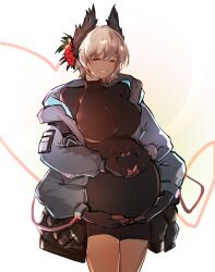 1girl arknights arya_melati big_belly bird_girl black_bodysuit black_gloves blue_jacket bodysuit breasts cable closed_eyes commission commissioner_upload extra_arms feather_hair feathers flower gloves grey_hair gripping_clothes hair_between_eyes hair_flower hair_ornament hand_on_own_stomach hands_on_own_stomach head_wings heart heart_hands highres holding holding_belly hood hood_down jacket long_sleeves mechanical_arms multicolored_gloves navel open_clothes open_jacket pink_gloves pregnant raidian_(arknights) red_flower short_hair simple_background skin_tight smile solo two-tone_gloves vgen_commission white_flower wings