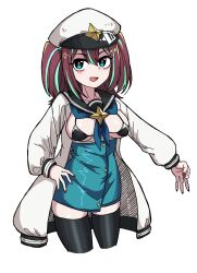 Rule 34 | 1girl, :d, akoya matama, bikini, black bikini, black thighhighs, blue eyes, blue neckerchief, breasts, brown hair, coat, cropped legs, fang, hashtag-only commentary, hat, hat ornament, highres, koshou shou mitsu, loco musica, long hair, long sleeves, looking at viewer, mahou shoujo ni akogarete, military hat, multicolored hair, nail polish, neckerchief, open mouth, pink pupils, simple background, smile, solo, star (symbol), star hat ornament, streaked hair, swimsuit, thighhighs, two side up, white background, white coat, white hat