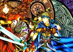1girl 3boys armor bandana black_hair blonde_hair blue_eyes brown_hair cape elbow_gloves flik_(suikoden) gensou_suikoden gensou_suikoden_i gloves long_hair multiple_boys odessa_silverberg red_eyes red_hair seon sword tiara tir_mcdohl viktor_(suikoden) weapon