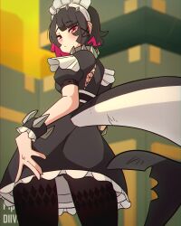 1girl :&lt; animated animated_gif artist_collaboration artist_name ass black_dress black_hair black_pantyhose blurry blurry_background blush building chromatic_aberration colored_inner_hair commentary diives dress ellen_joe english_commentary english_text fins fish_tail from_behind hairband hand_on_own_ass highres looking_at_viewer maid maid_headdress metal_hairband mole mole_under_eye multicolored_hair outdoors panties panties_under_pantyhose pantyhose puffy_short_sleeves puffy_sleeves red_eyes red_hair sexplicit shark_girl shark_tail short_hair short_sleeves solo spiked_headband tail thighs twitter_username twitter_x_logo two-tone_hair underwear variant_set zenless_zone_zero