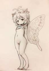 1girl antennae arinu arm_at_side barefoot bottomless breasts butterfly_wings clothes_lift dress dress_lift eternity_larva feet female_focus full_body greyscale hair_ornament highres insect_wings leaf_hair_ornament lifting_own_clothes loli looking_at_viewer monochrome navel nipples short_hair short_sleeves small_breasts solo standing stomach touhou traditional_media wings