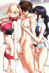 1boy 2girls black_hair blonde_hair blush breasts buruma buruma_pull censored cleavage clothes_pull commentary_request commission crop_top ffm_threesome group_sex hetero inoue_takina large_breasts long_hair lycoris_recoil mosaic_censoring multiple_girls navel nipple_stimulation nipple_tweak nishikigi_chisato pixiv_commission red_buruma red_eyes sex sex_from_behind short_hair standing standing_sex stomach tamamoice threesome white_buruma