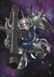Rule 34 | absurdres, bazooka (gundam), flying, full body, glowing, glowing eye, gouf, gundam, highres, holding, holding rocket launcher, holding weapon, looking at viewer, mecha, mecha focus, mobile suit gundam, no humans, one-eyed, primate nemesis, robot, rocket launcher, shield, space, weapon, zeon